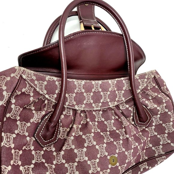 VTG Celine Triomphe Burgundy Canvas Leather Large Shoulder Tote Hand Bag Auth - Picture 9 of 12
